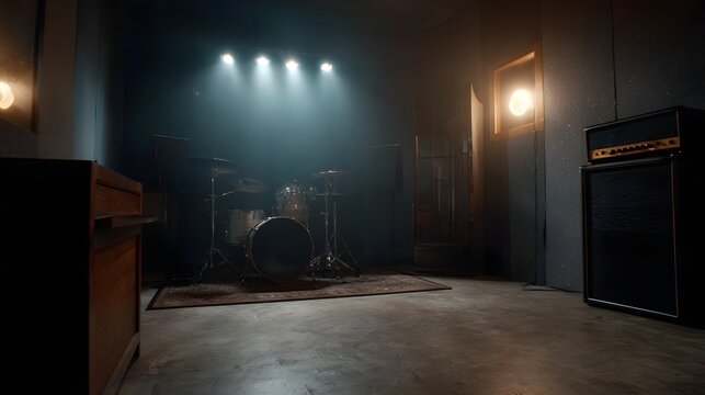 A dramatic view of a professional music rehearsal studio featuring a drum kit and industrial lighting setup in a dark moody environment