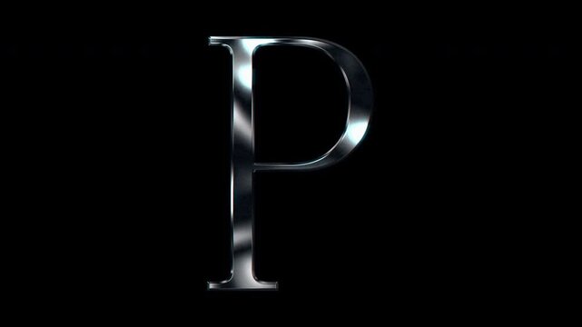 Silver metallic Capital letter "P". Alpha channel. Serif font. Seamless loop video.