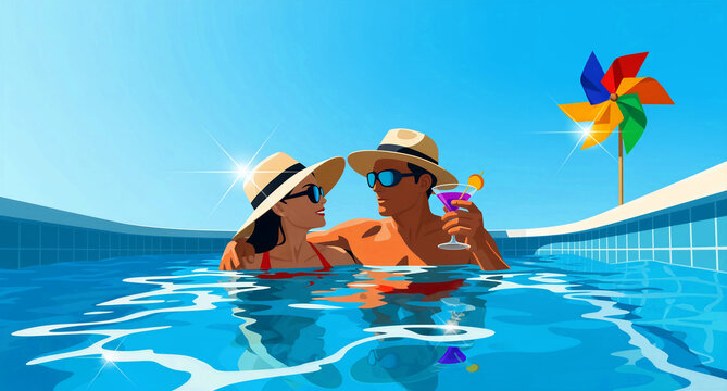 Couple wearing hats relaxing in a swimming pool. Man holding a cocktail next to his partner. Summer holiday and luxury travel concept for resort marketing.