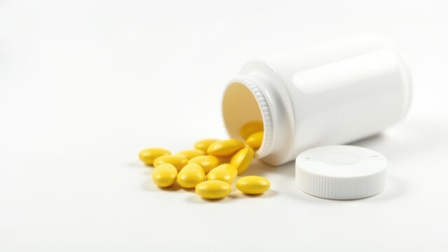 yellow oval tablets with opened white bottle on white background medicine health concept
