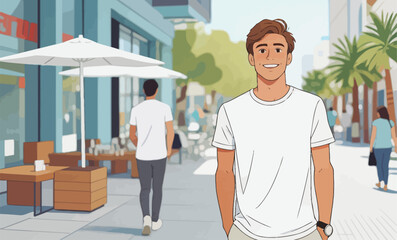 Fototapeta premium Young man smiling on sunny outdoor pedestrian street