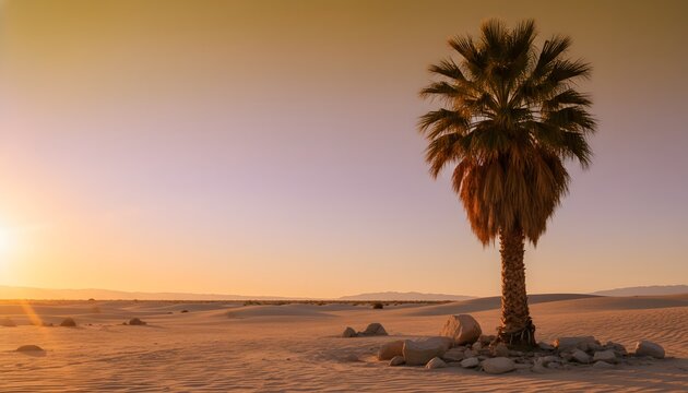 A lonely palm tree in the california desert during a warm sunset for a coachella festival music valley concept featuring sand dunes and a golden hour glow