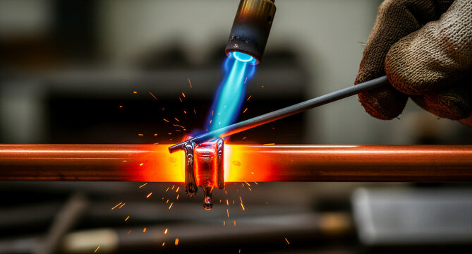 Plumber soldering a copper pipe using a high-heat gas torch. Blue flame melts metal at a joint creating bright sparks in a workshop. Industrial HVAC repair concept for professional service marketing.