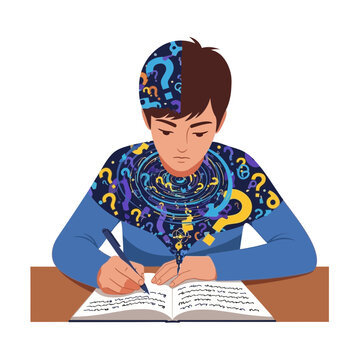 Confused student, puzzled teenager, studying, questions, uncertainty, education