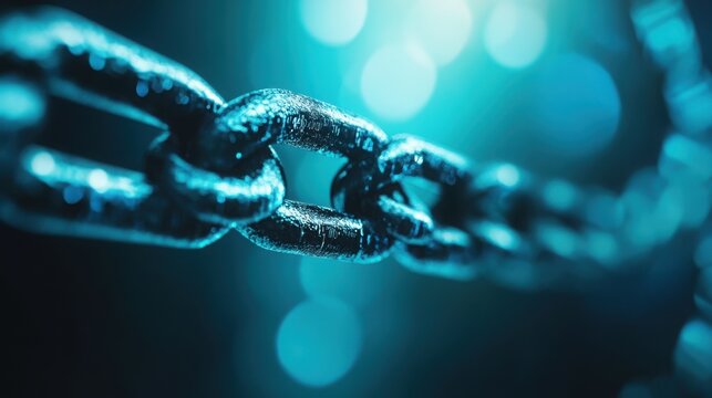 Strong metal chain links representing secure digital blockchain technology connectivity and data protection integrity in a dark abstract glowing blue light setting