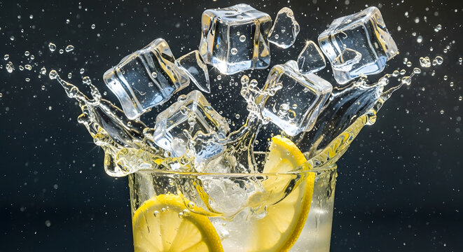 Fresh lemonade glass with ice cubes splashing into liquid with lemon slices on dark background for refreshing summer beverage concept professional studio photography