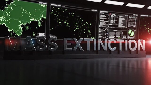 Mass Extinction Event Threatens Global Survival on Futuristic Digital Display Screens in Control Room