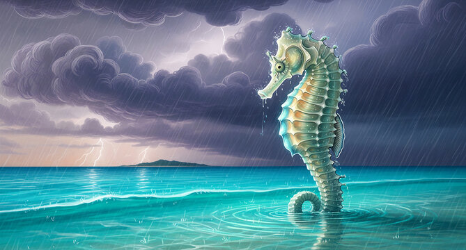 Majestic giant seahorse standing in the ocean during a lightning storm. Rain falls over a turquoise sea while thunderclouds fill the sky. Fantasy illustration ideal for mythical adventure concepts.