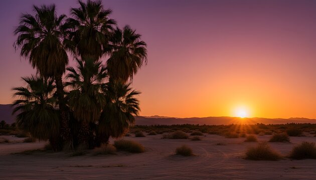 Silhouette of palm tree in nature under a vibrant sunset sky in indio coachella valley for summer travel and music festival concept with a desert landscape and mountains background