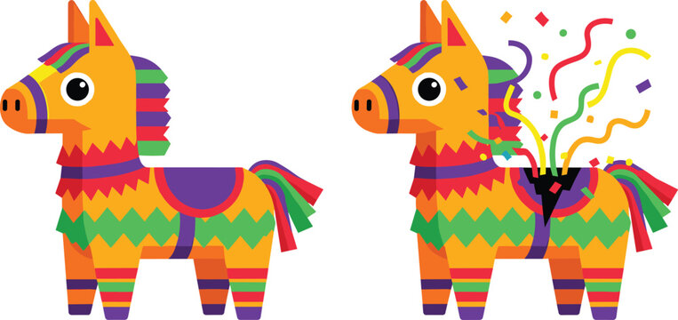 Colorful pi&ntilde;ata donkey with confetti explosion cartoon vector illustration festive party decoration for celebration birthday and mexican fiesta design