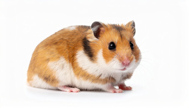 Hamster sitting on white background, close-up pet portrait with soft fur and bright eyes