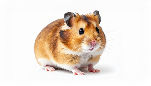 Hamster sitting on white background, close-up pet portrait with soft fur and bright eyes