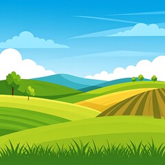 Fototapeta premium Green hills and fields landscape scenery.