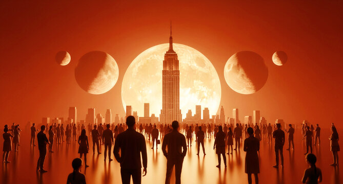 People looking at a futuristic city skyline under multiple moons. Silhouettes stand before a glowing metropolis in an orange haze. Sci-fi concept ideal for climate change and dystopian marketing.
