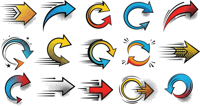 Dynamic vector arrow graphic illustration collection showcasing speed and direction in comic book style