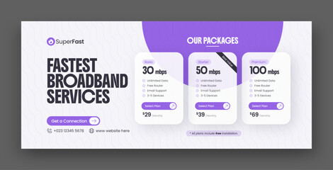 Fototapeta premium Broadband internet service social media facebook cover & web banner design template with modern pricing table