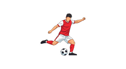 Obraz premium Soccer player kicking ball with power in red and white uniform vector illustration professional football striker preparing for goal shot isolated on white background athletic performance graphic.