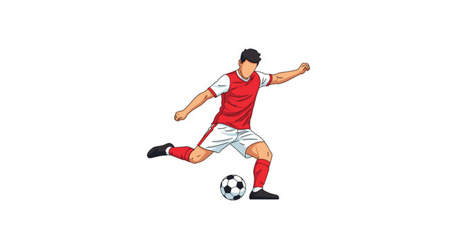 Soccer player kicking ball with power in red and white uniform vector illustration professional football striker preparing for goal shot isolated on white background athletic performance graphic.