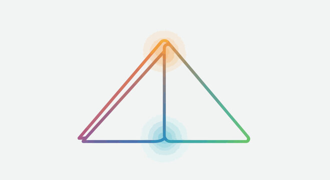Abstract geometric pyramid shape with rainbow gradient and glowing light effects on white background