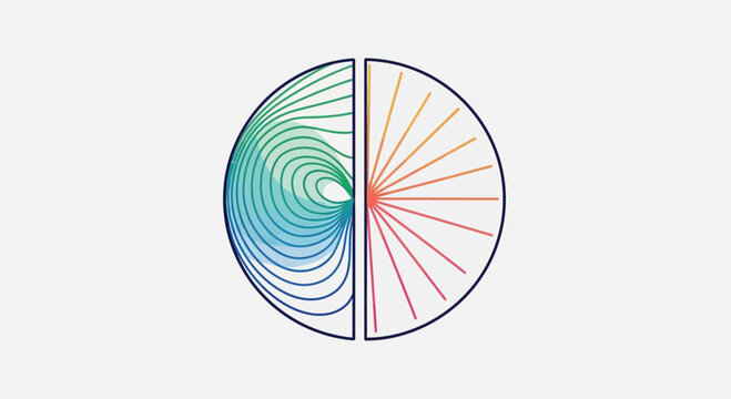 Abstract geometric pattern with swirling lines and radiating rays in blue, green, orange, and red