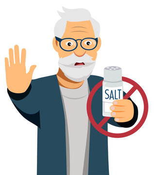 Elderly Man holding salt bottle with stop sign hand, refuse not put salt on foods.