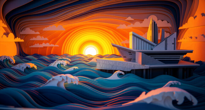 Modern architectural building on ocean waves at sunset. Stylized paper cut art with layered depths and vibrant colors. Creative concept for travel and luxury real estate marketing.