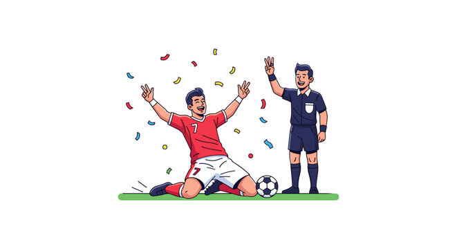 Soccer player celebrating victory on field with referee standing beside showing festive scene with confetti falling around happy athlete in red jersey after scoring goal for sports event promotion.