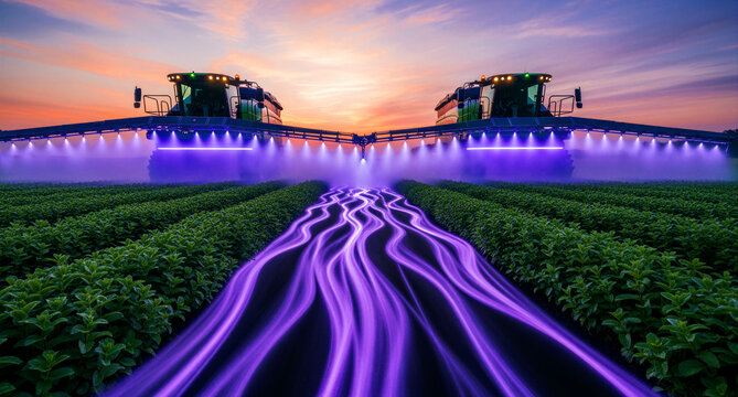 Futuristic agricultural sprayers applying fertilizer at sunset. High-tech machinery uses purple UV light in a field. Smart farming concept for agritech and precision agriculture marketing.