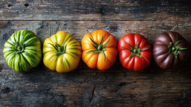 Heirloom Tomatoes Variety of Colors and Shapes on Rustic Wooden Background.