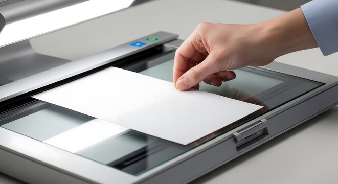 A person's hand carefully places a blank white document onto the glass surface of a flatbed scanner, preparing for digitization.