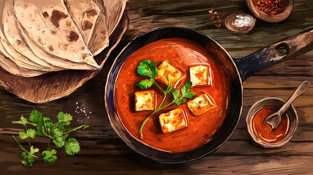 Fragrant paneer curry illustration warm spices chapati rustic table Indian cuisine artful watercolor design