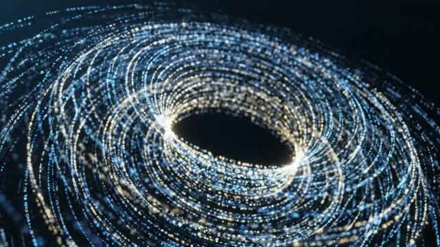 Dynamic abstract digital vortex of glowing particles symbolizing advanced data streams, technological networks, and the intricate flow of information in a futuristic digital realm