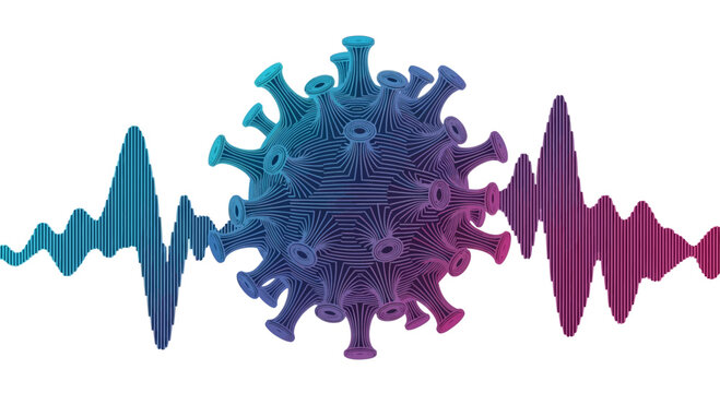3D virus particle with sound wave visualization, representing audio analysis or infection spread