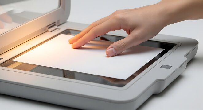 A person's hand places a blank white paper document onto a flatbed scanner, preparing to digitize information in an office or home setting.