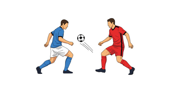 Two soccer players competing for ball during match illustration of athletes in blue and red jerseys fighting for possession on white background showing dynamic movement and sports competition art.