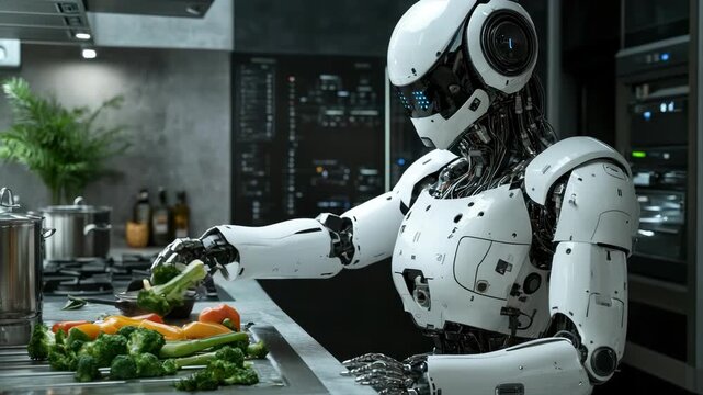A robotic chef in a futuristic kitchen prepares vegetables. The robot is white with metallic details