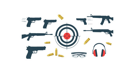 Shooting range target guns bullets safety glasses ear protection equipment firearms practice aiming competition safety sport shooting targets ammo weapons range. © Monir Stock