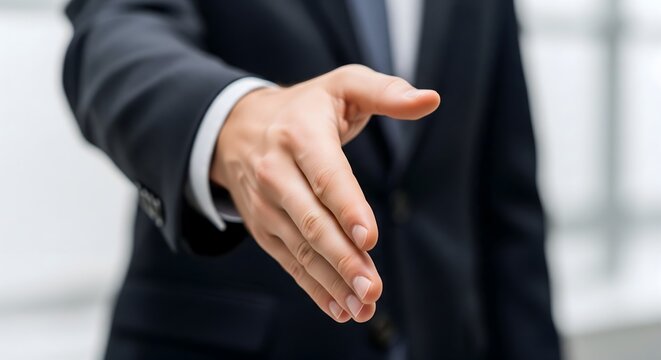 Close-up of a well-dressed businessman extending his hand for a handshake, symbolizing partnership, agreement, and professional greeting.