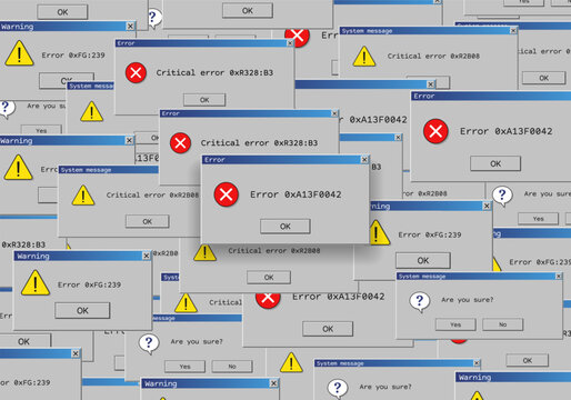 Operating system critical error warning. Retro user interface window with system failure. Software tech crash or bug report concept. Vector illustration for digital UI themes.
