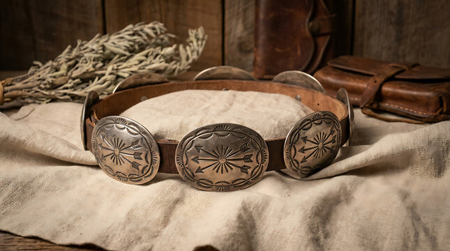 Vintage Silver Concho Belt with Ornate Native American Buckles on Leather
