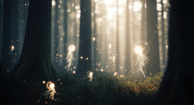 Glowing fireflies in dark forest scene.