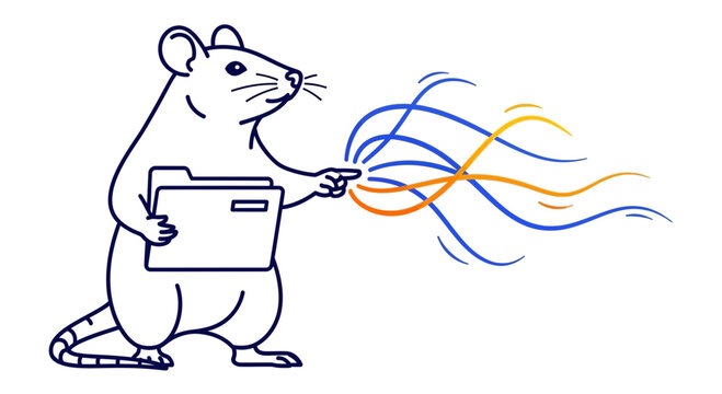 Cute cartoon mouse holding a folder and emitting colorful data streams, representing digital information transfer