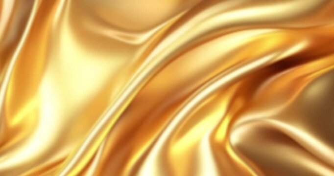 4K seamless loop motion background of elegant golden silk waves, luxury liquid gold fabric texture with smooth flowing movement for premium backdrop.