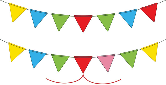 Colorful bunting flags vector set, festive party garland with triangular pennants, vibrant hanging celebration banners for birthday and events