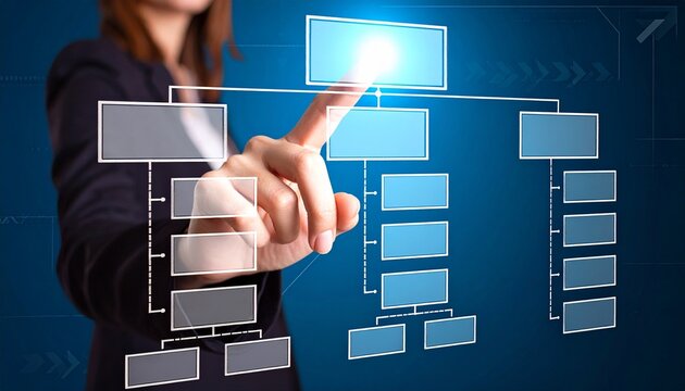 Businessman touches digital hierarchy chart on transparent professional interface.