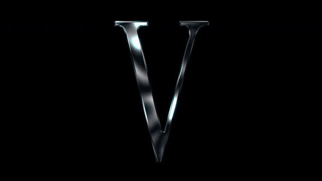 Silver metallic Capital letter "V". Alpha channel. Serif font. Seamless loop video.