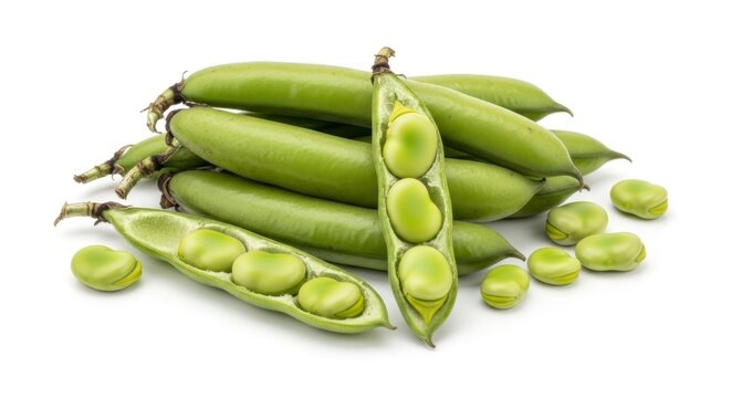 Fresh green fava bean pods, whole and opened broad beans on a white background.