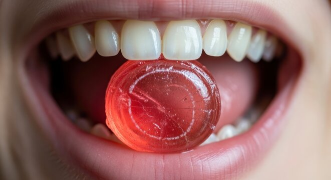 Mouth with open jaw holding red candy, white teeth visible