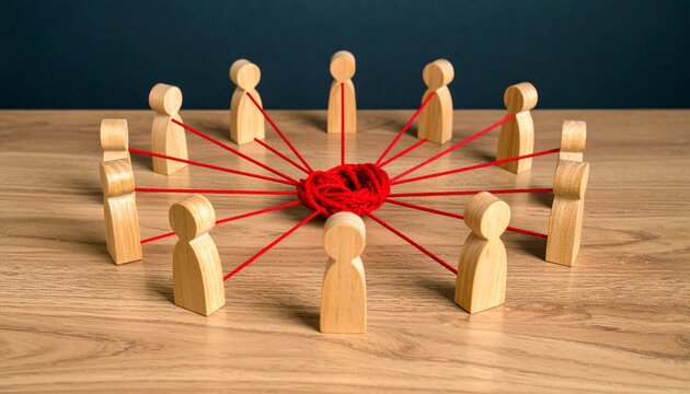 Wooden figurines linked by red string network on wooden surface.