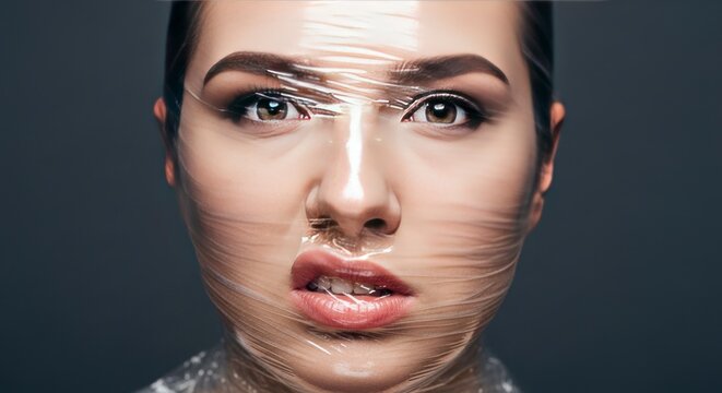 Woman's face wrapped in clear plastic film, conceptual portrait of distress and entrapment
